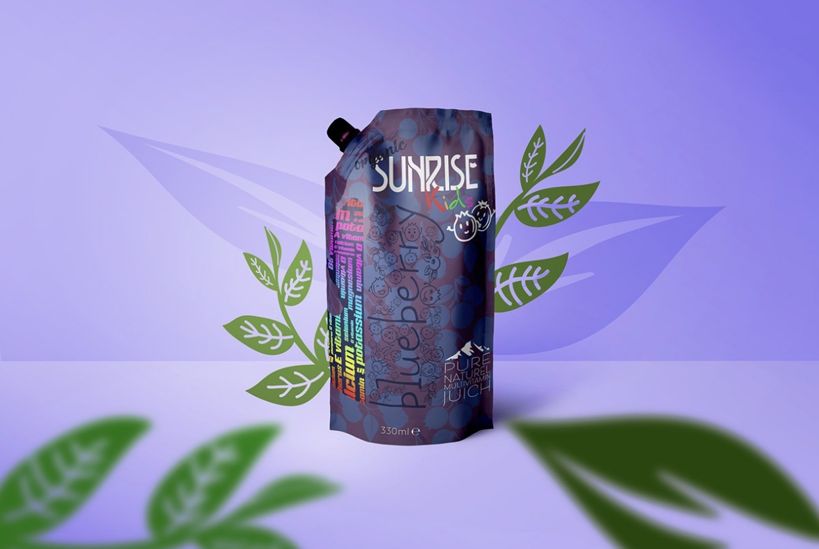 Purple Sunrise Kids blueberry juice pouch on a lilac background with illustrated leaves
