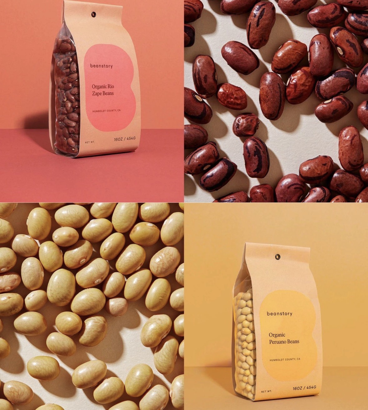 Beanstory packaging photographed with close-ups of red and cream organic beans