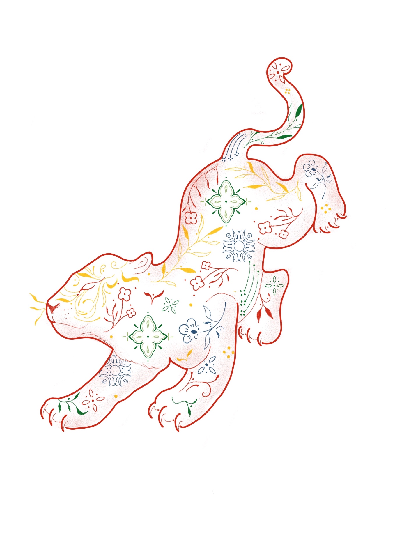 Line illustration of a leaping tiger filled with folk floral motifs in red, green, blue and yellow