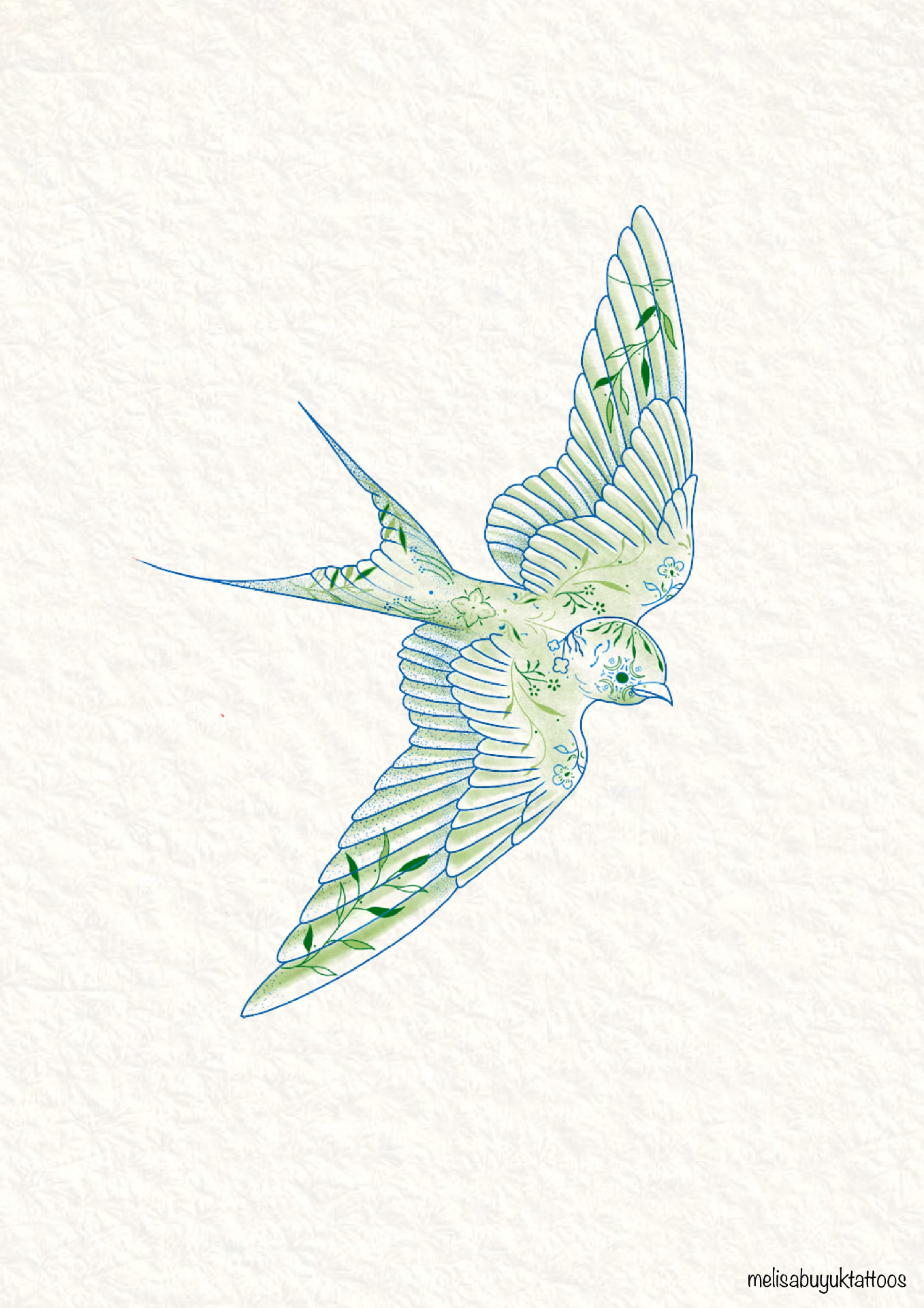 Line illustration of a flying swallow filled with green leaves and small flowers