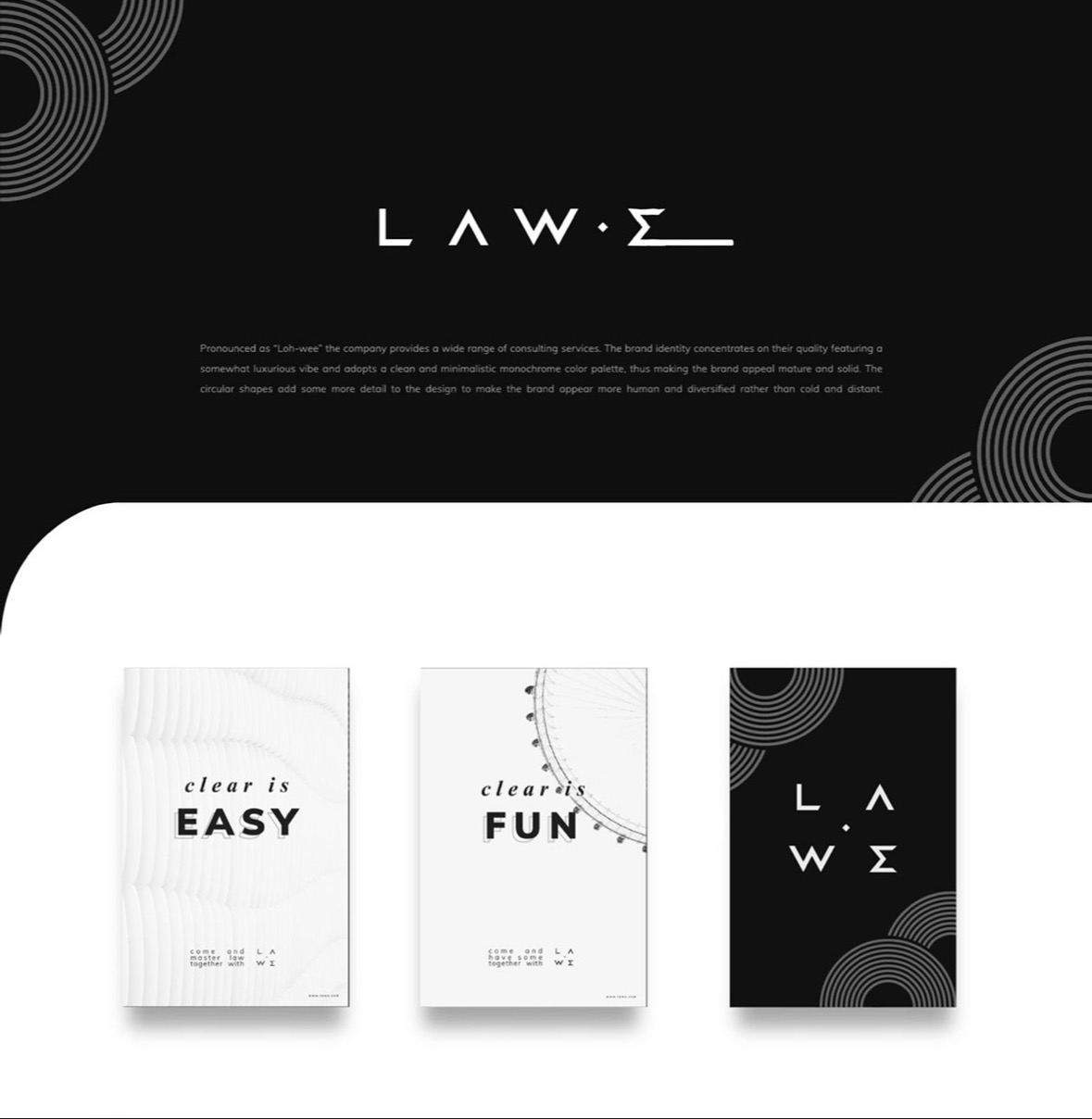 LAWE consulting brand identity presentation on a black and white background with monochrome posters and logo anatomy