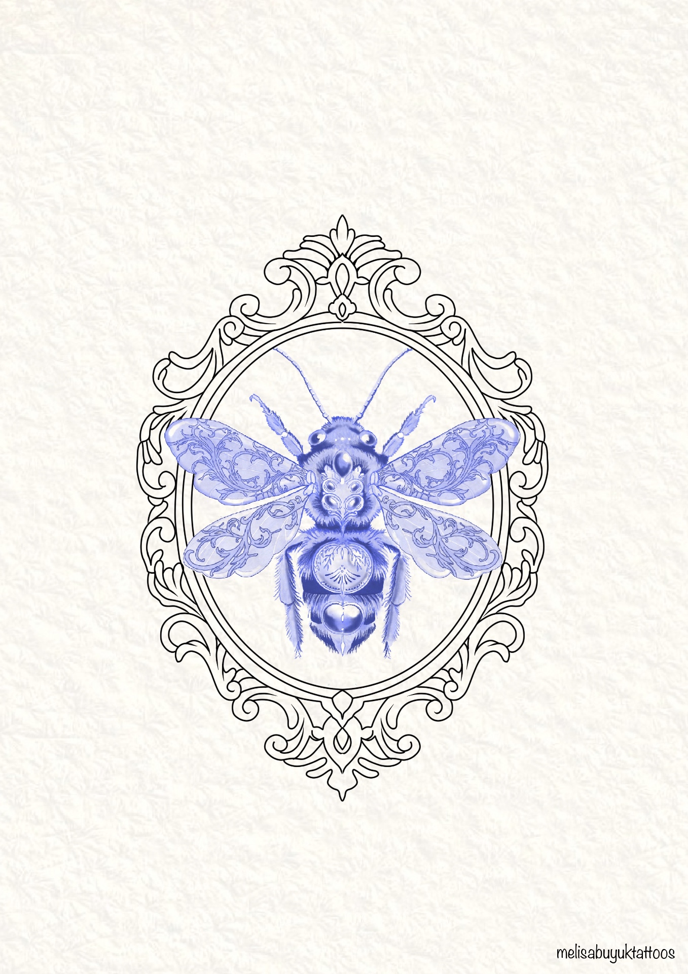 Blue ink illustration of a bee with ornate wings inside a decorative oval frame