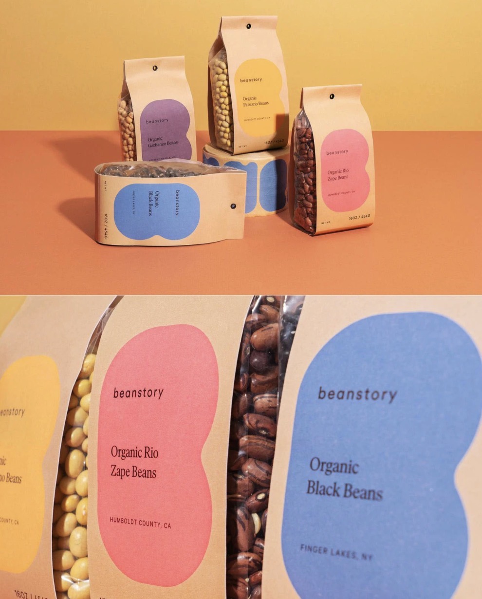Beanstory organic bean packaging range with pastel bean-shaped labels on kraft paper bags