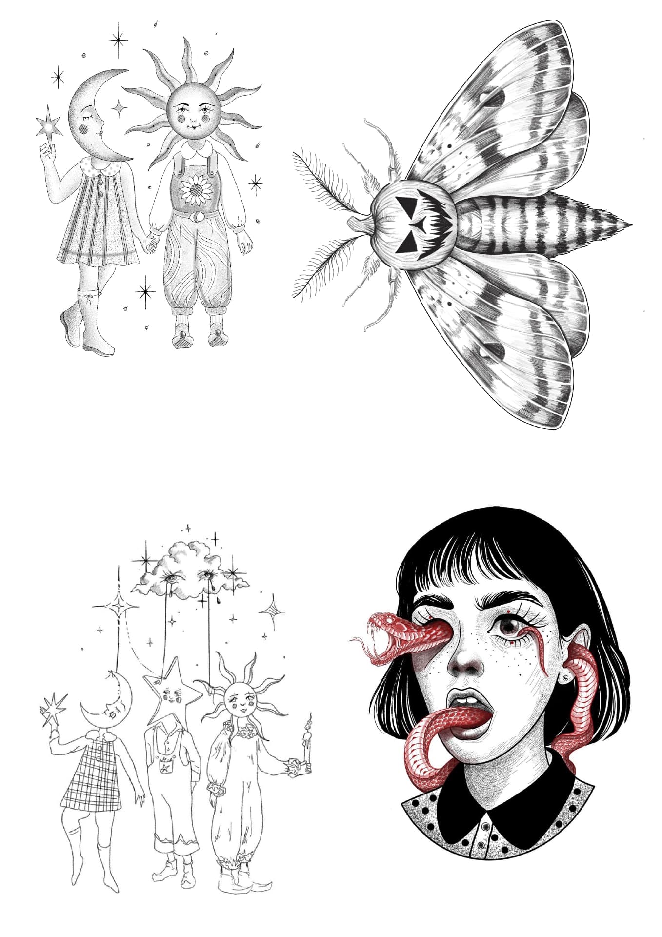 Series of black and white illustrations: sun and moon children, a moth, and a portrait with snakes