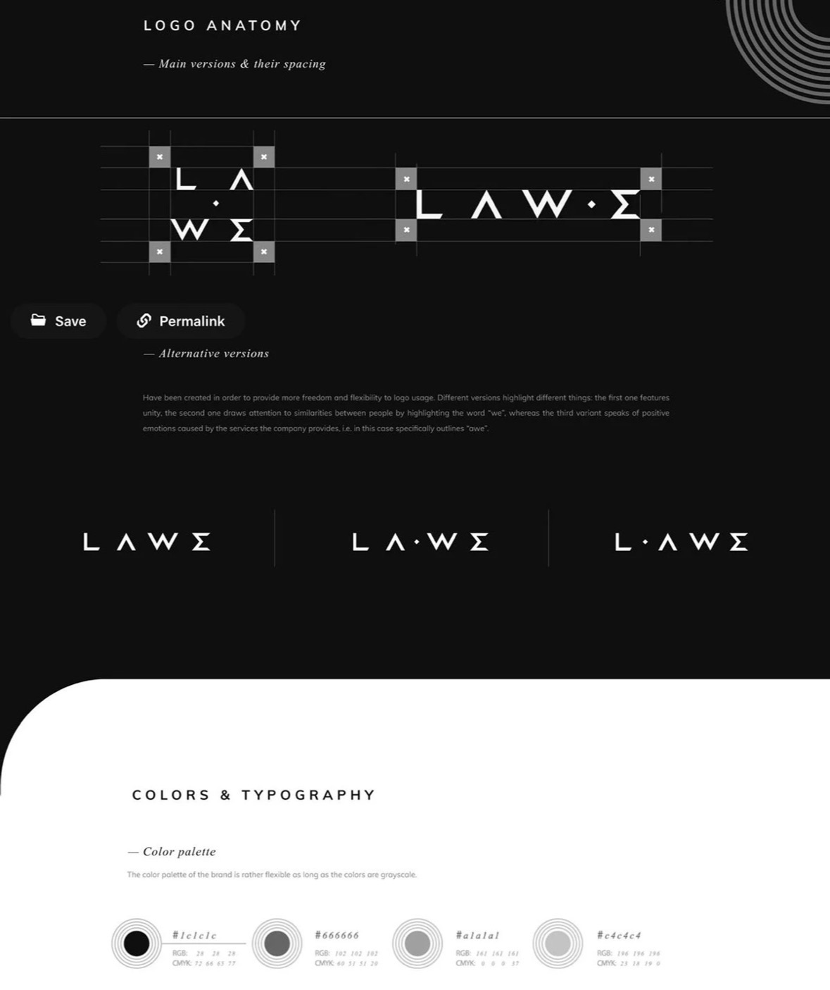 LAWE brand guidelines page showing logo anatomy, alternative versions and a grayscale color palette
