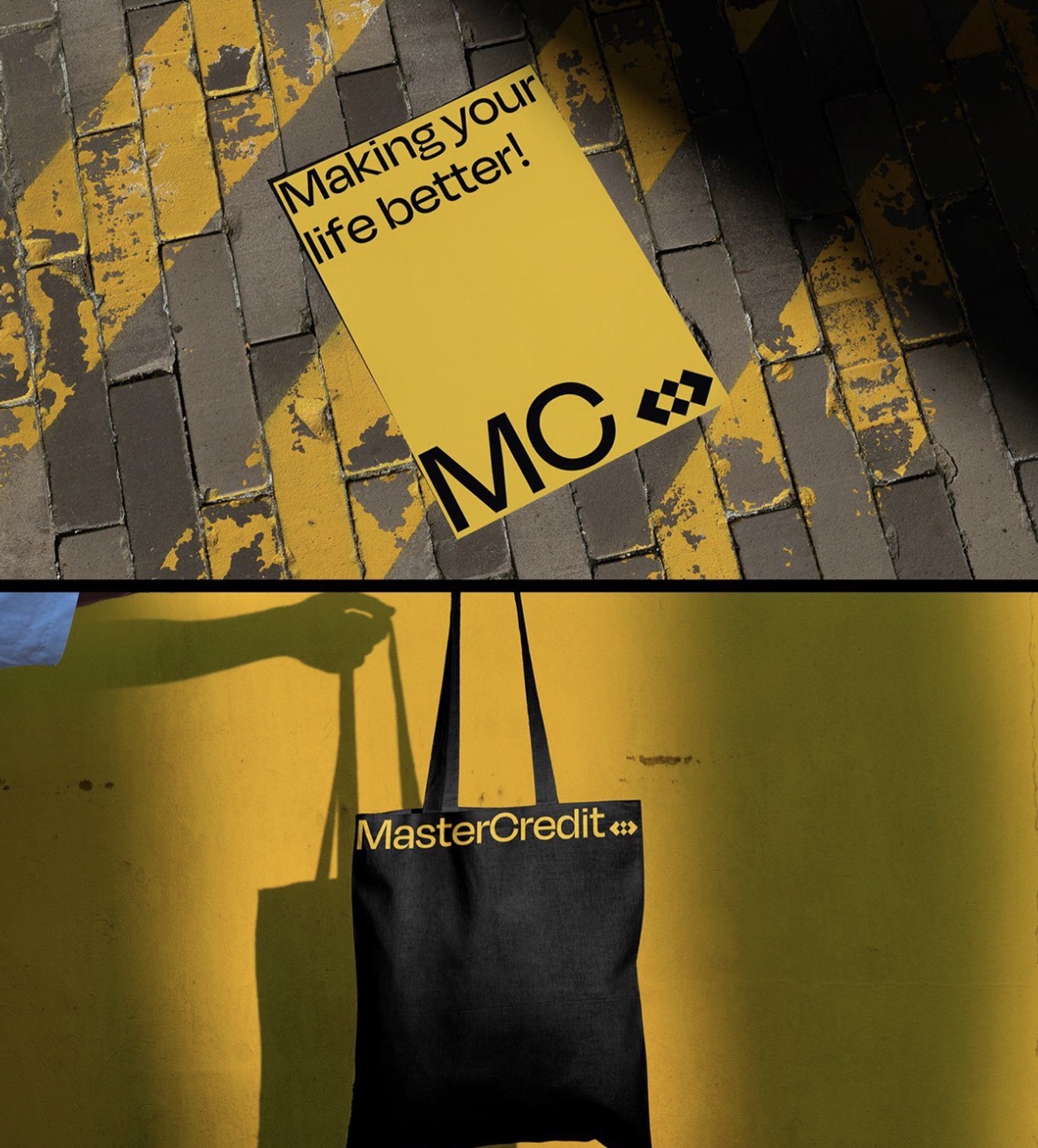 MasterCredit yellow poster on paving stones and a black tote bag with yellow logo