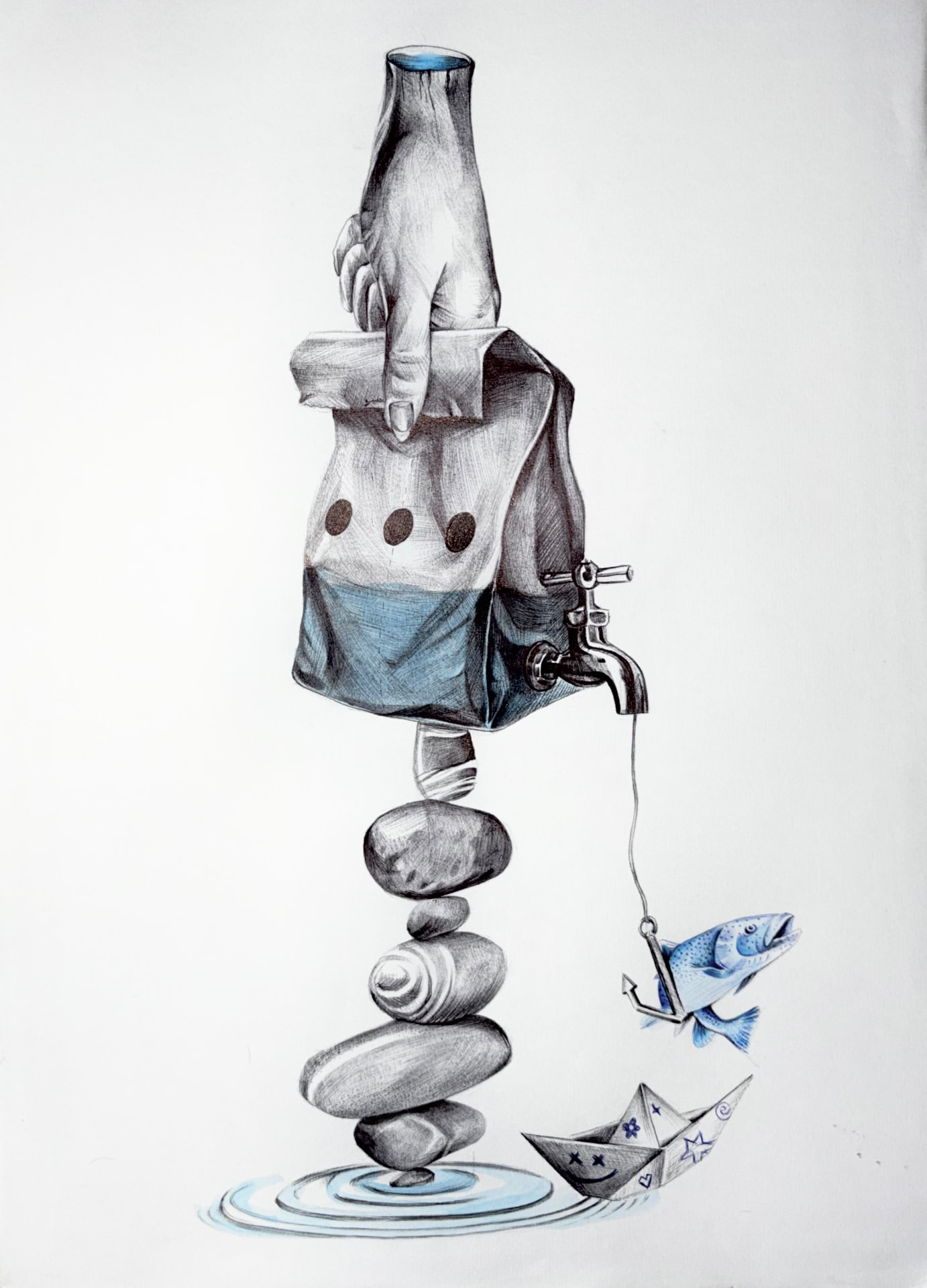 Graphite illustration of a hand holding a paper bag filled with water, with a tap, fish and paper boat