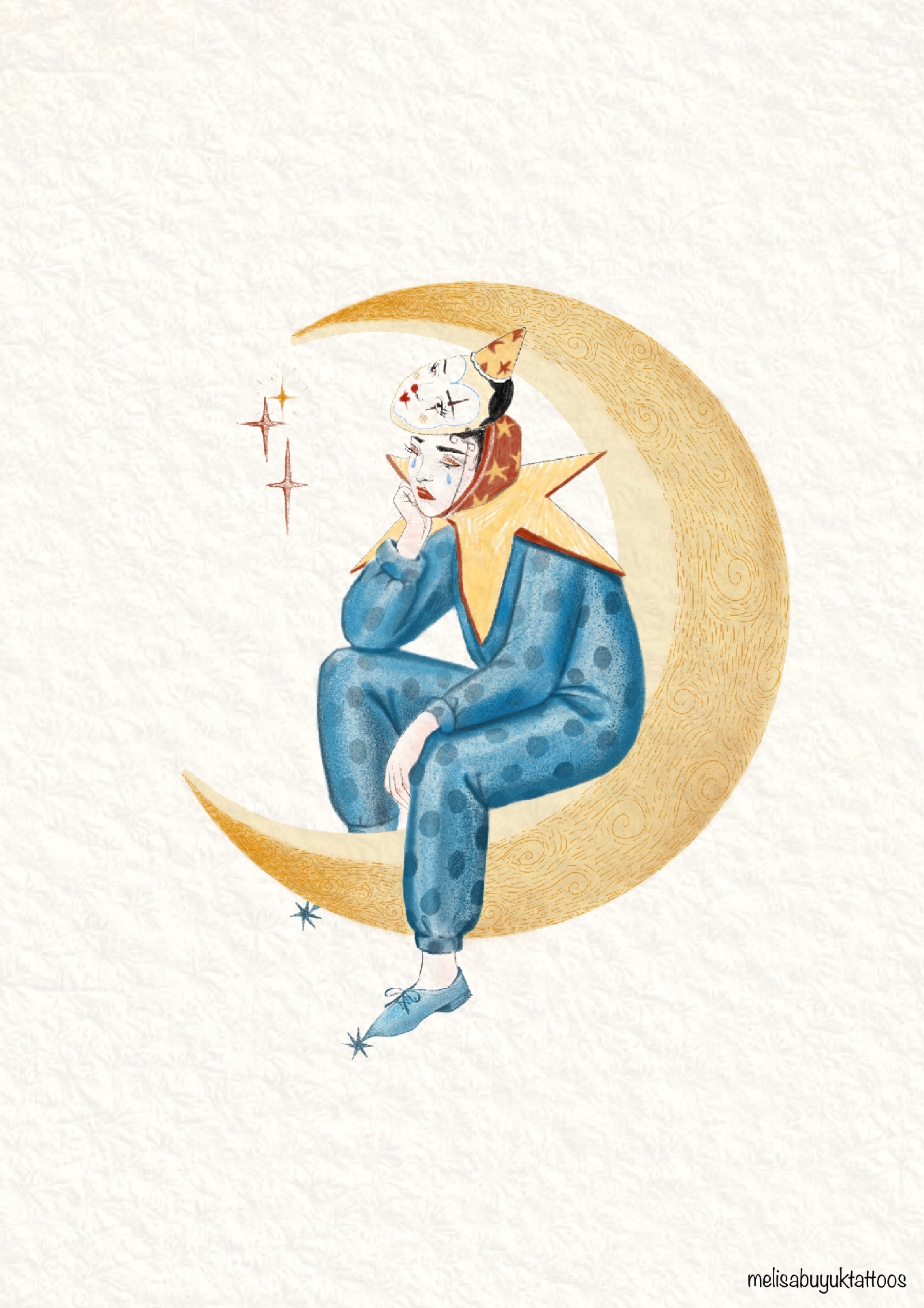 Illustration of a crying Pierrot clown in a blue polka dot costume sitting on a golden crescent moon